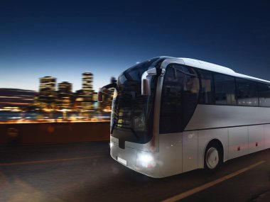 Şehir manzarası ile gece yolda otobüs. 3d render