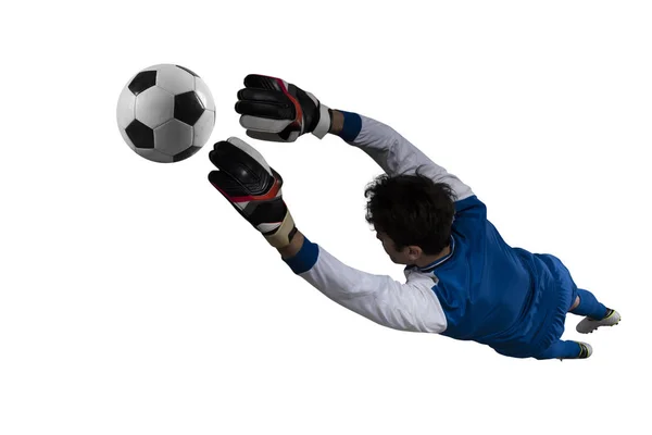 O goleiro pega a bola no estádio durante um jogo de futebol. Isolado sobre fundo branco — Fotografia de Stock