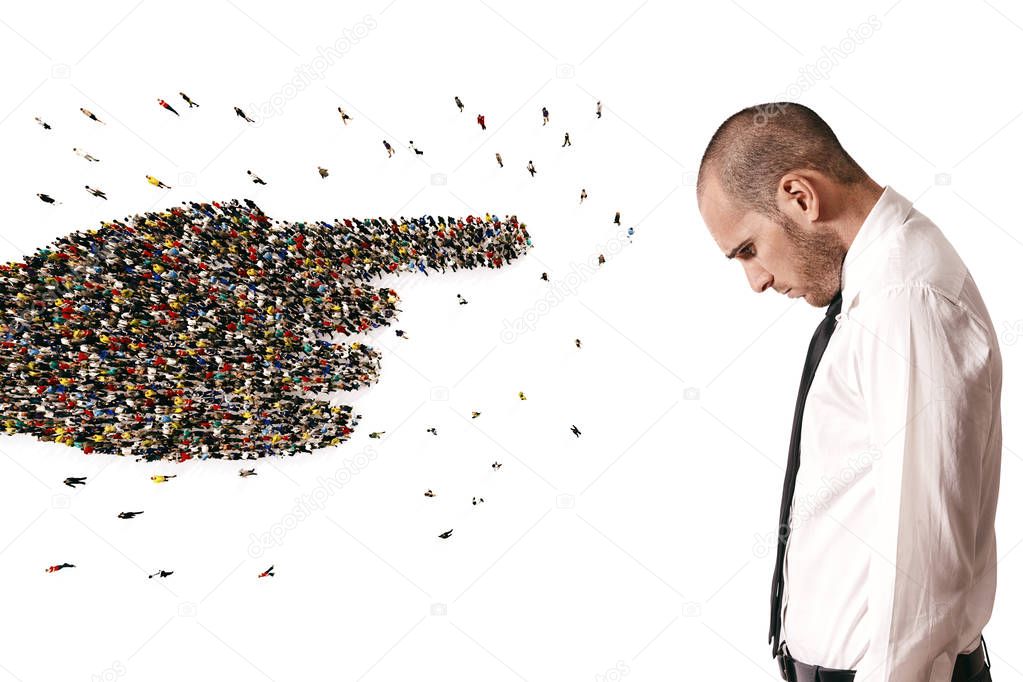 Crowd of people united forming a hand pointing a sad man. 3D Rendering