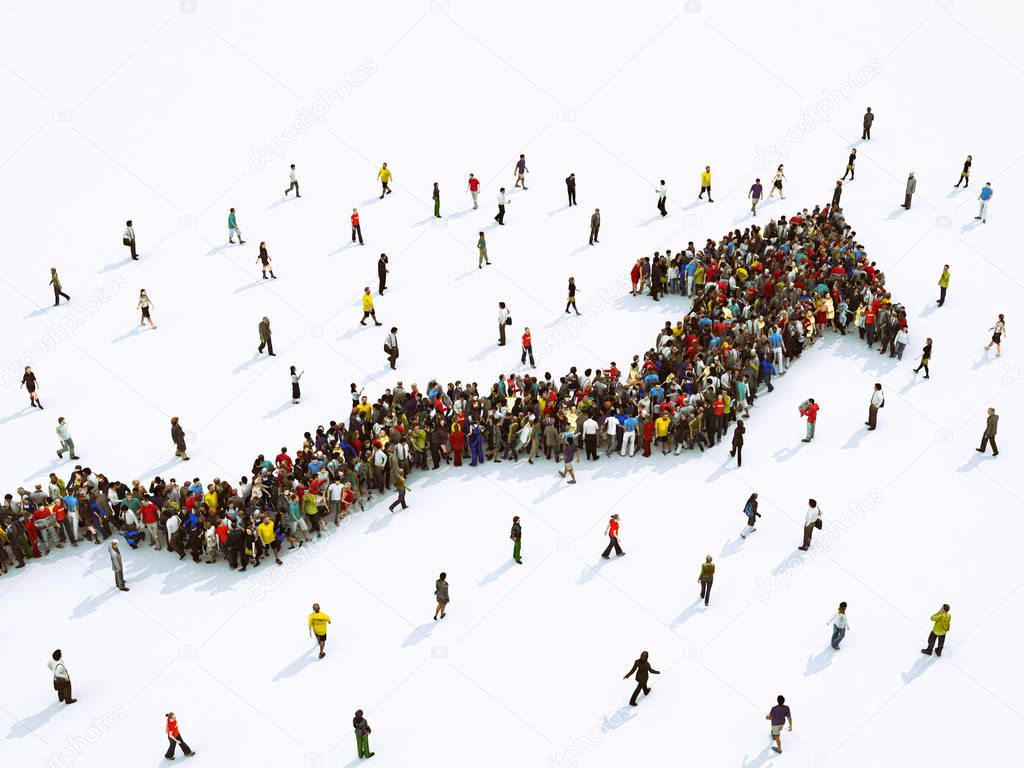 Crowd of people united forming a growing arrow. 3D Rendering