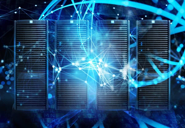 Concept van een datacenterruimte met database server-en netwerkeffecten. — Stockfoto