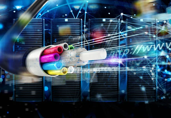 Connessione internet con i cavi in fibra ottica. Concetto di data center server veloce con effetti internet di rete . — Foto Stock