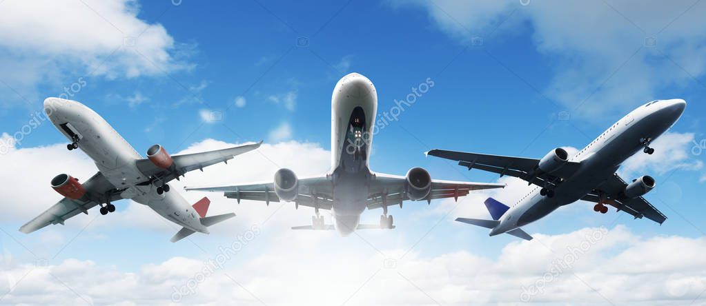 Summer holiday and traveling concept with aircrafts in the sky