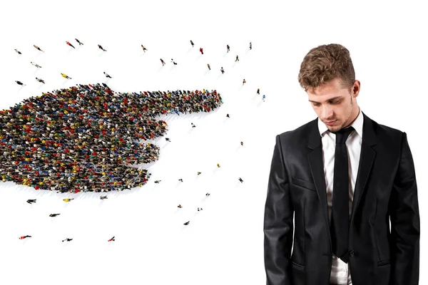 Crowd of people united forming a hand pointing a sad man. 3D Rendering — Stock Photo, Image