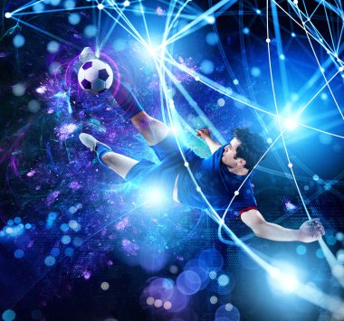 Fütüristik dijital arka plan önünde futbol oyuncusu ile futbol sahnesi