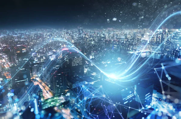 Snelle verbinding in de stad 's nachts. Achtergrond abstracte technologie. — Stockfoto