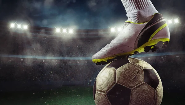 Close up of a soccer striker ready to kicks the ball at the stadium — Stock Photo, Image