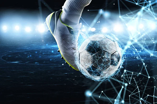 Balón de fútbol con efecto red de Internet. Concepto de apuesta digital — Foto de Stock