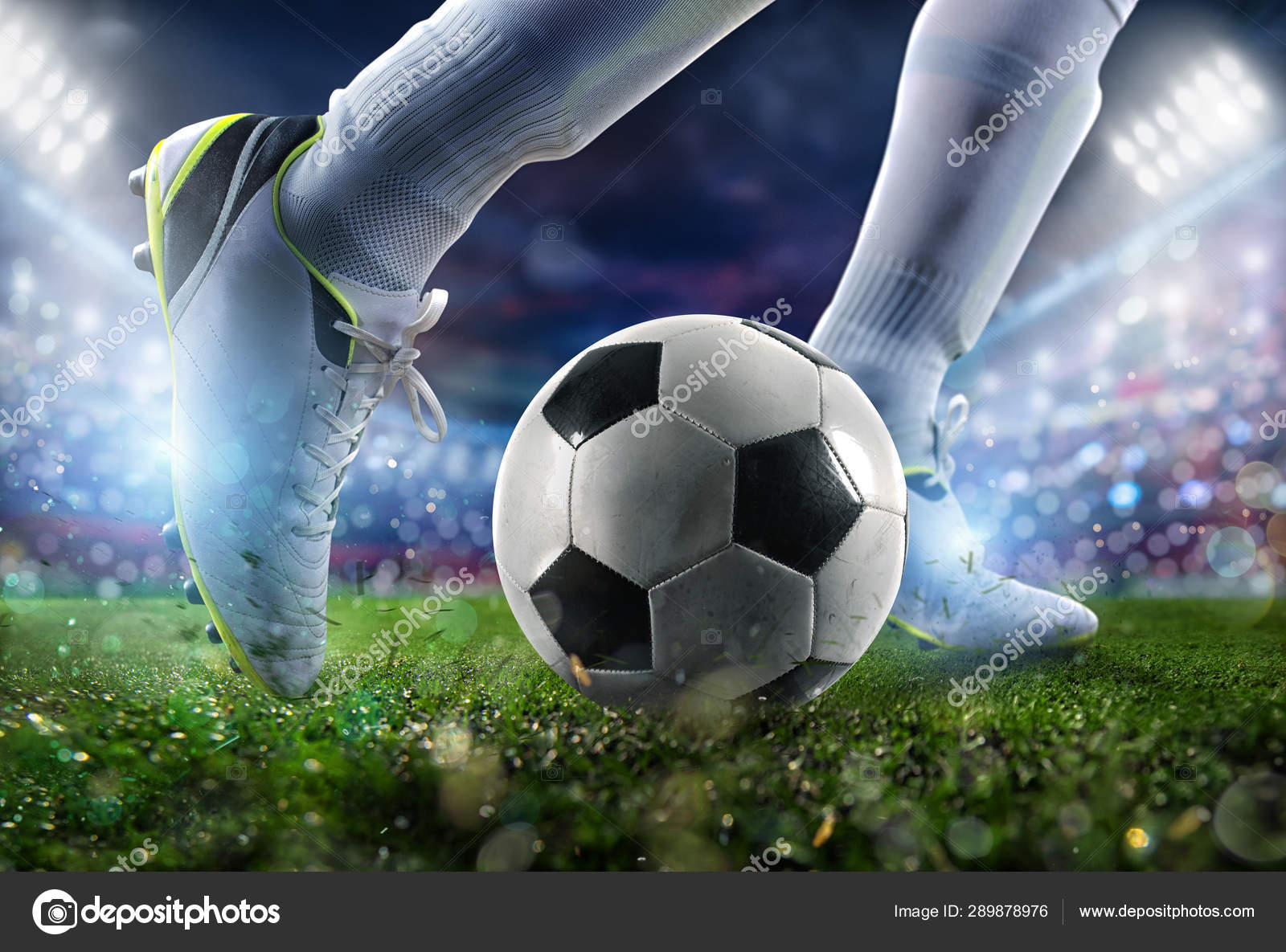 Football Scene At Night Match With Close Up Of A Soccer Shoe Hitting The Ball With Power Stock Photo By C Alphaspirit
