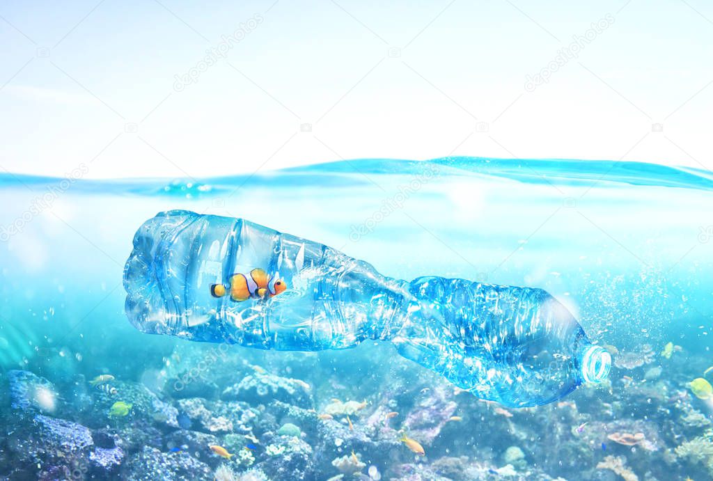 Fish trapped inside a bottle. Problem of plastic pollution under the sea concept.