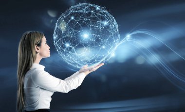 İş kadını internet bağlantısı ağ etkisi ile soyut bir dünya tutar