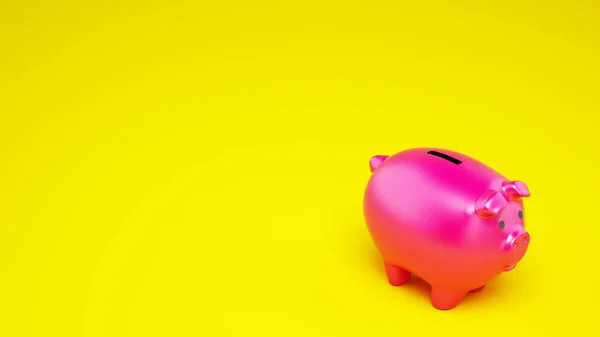 Banco piggy rosa no fundo amarelo. Renderização 3D — Fotografia de Stock