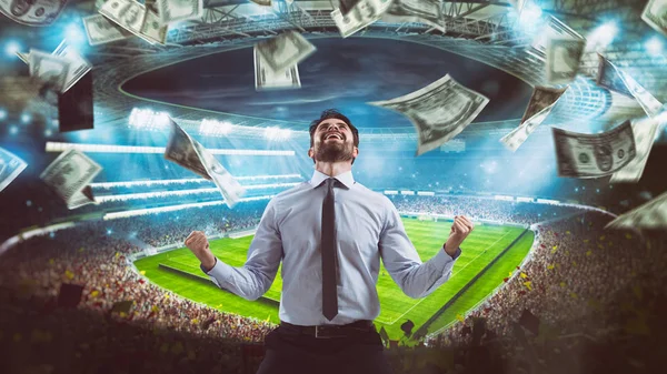 Man who rejoices at the stadium for winning a rich soccer bet — Stock Photo, Image