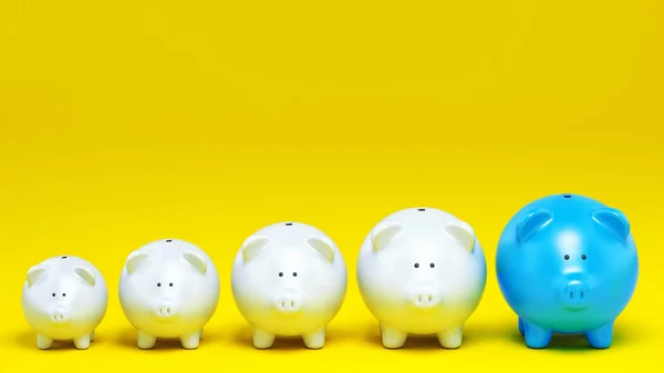 Economisch concept van verhoogde besparingen met een rij spaarpot banken op gele achtergrond. 3D-rendering — Stockfoto