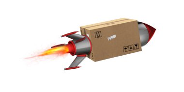 Turbo roket ile paketin hızlı teslimatı. 3d Rendering. Yangın, yük.