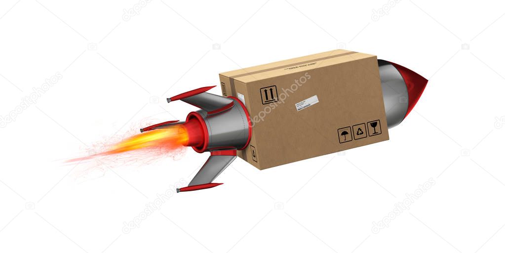 Fast delivery of package by turbo rocket. 3D Rendering. Fire, freight.