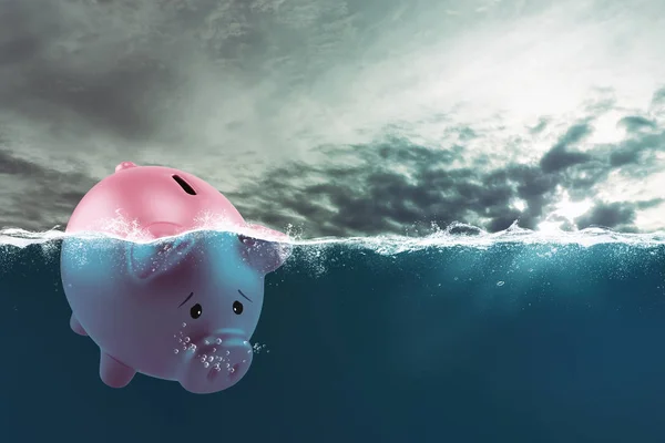 Lonely piggy bank sails in bad waters due to the crisis — Stock Photo, Image