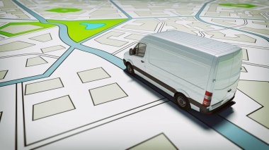 Truck on a road city map. Concept of global shipment and GPS tracking clipart