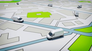 Yol şehir haritasındaki kamyonlar. Küresel sevkiyat ve Gps takibi kavramı