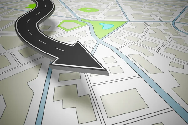 Arrow shaped road indicating the direction above a navigation map. 3D Rendering — Stock Photo, Image