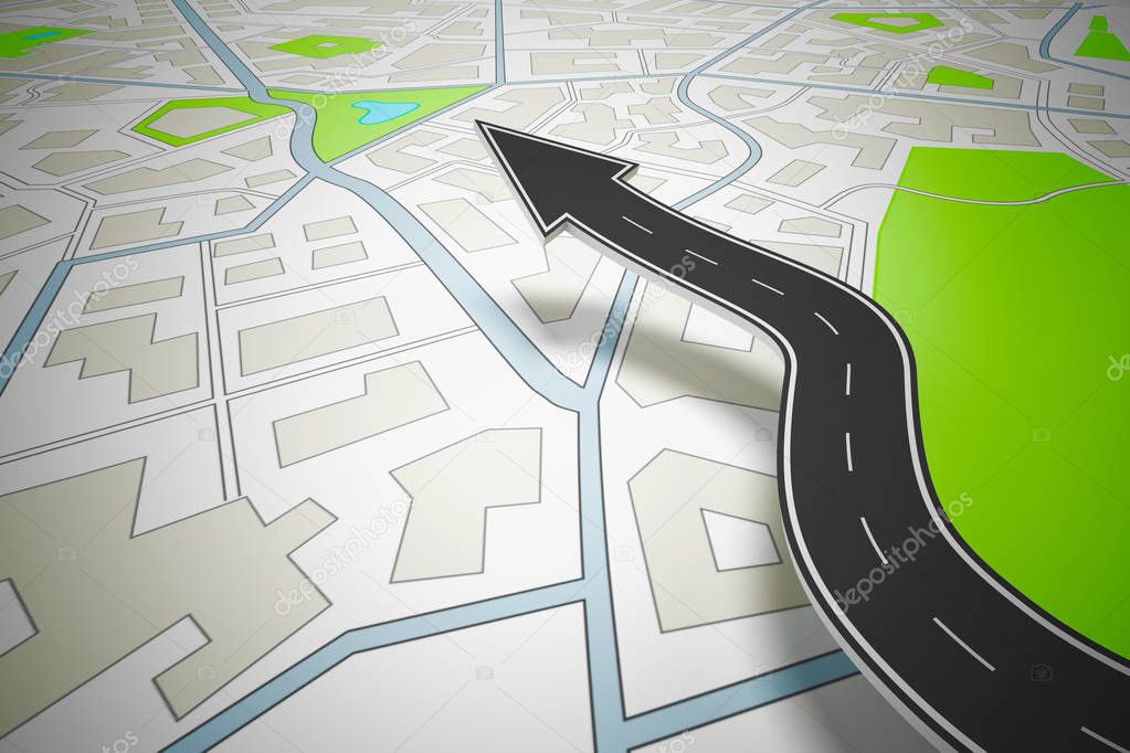 Arrow shaped road indicating the direction above a navigation map. 3D Rendering