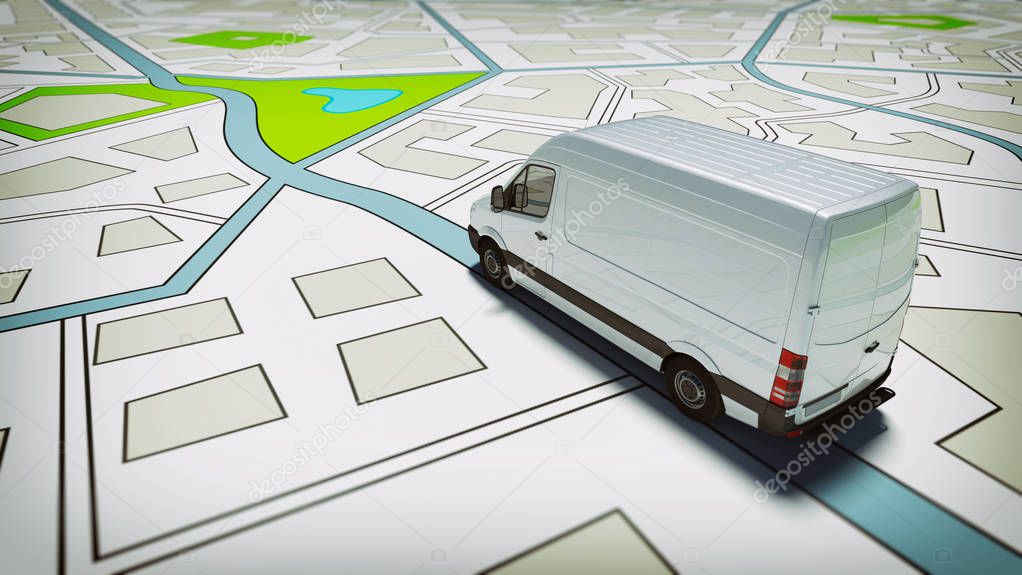 Truck on a road city map. Concept of global shipment and GPS tracking