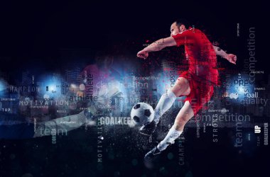 Futbol sahnesi bir futbolcu iş başında. En çok kullanılan terimlerle bindirmede metin efekti. Soyut arka plan