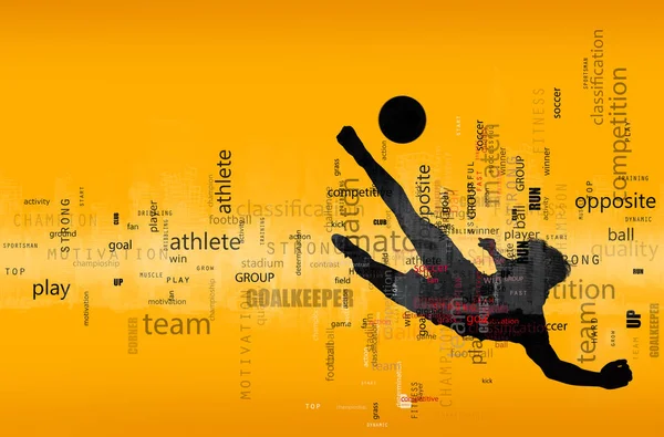 Football scene of a soccer player silhouette in action. Text effect in overlay with the most used terms. Abstract background — Stock Photo, Image