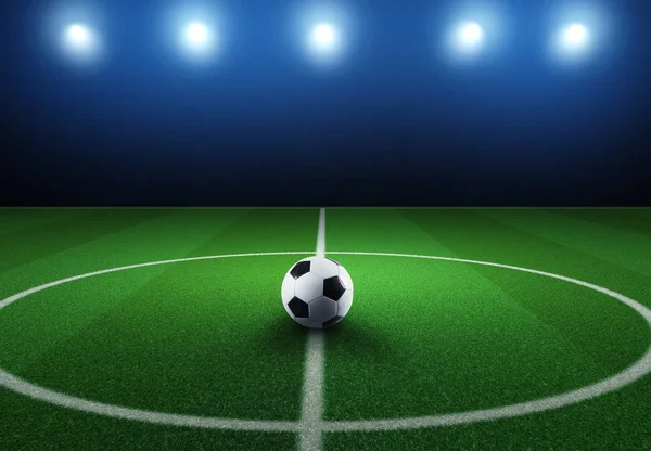Primer plano de una pelota de fútbol en medio del campo en el estadio —  Fotos de Stock