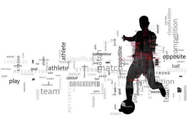 Voetbal scène van een voetbalspeler silhouet in actie. Tekst effect in overlay met de meest gebruikte termen. Abstracte achtergrond — Stockfoto