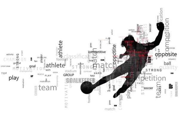 Escena de fútbol de una silueta de futbolista en acción. Efecto de texto en superposición con los términos más utilizados. Fondo abstracto —  Fotos de Stock