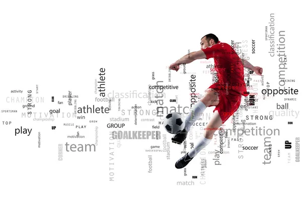 Football scene of a soccer player in action. Text effect in overlay with the most used terms. Abstract background — Stock Photo, Image