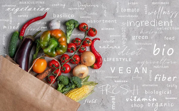 A zöldségfélék egészséges háttere. Fogalmának valódi élelmiszer a legnépszerűbb kifejezések — Stock Fotó