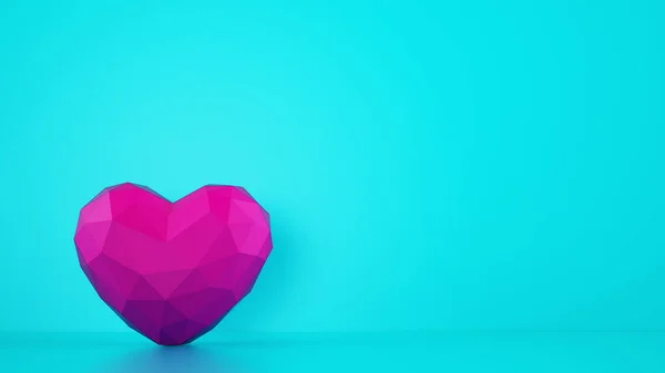 Magenta color faceted heart on cyan background. Medical and love concept. 3D Rendering — Stock Photo, Image