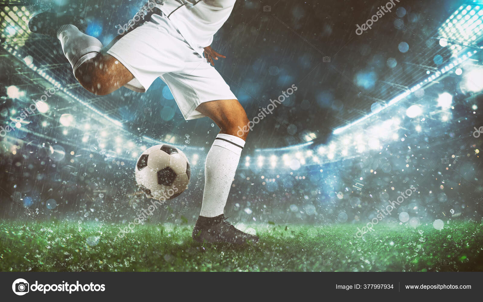 Close Up Of A Soccer Scene At Night Match With Player In A White Uniform Kicking The Ball With Power Stock Photo By C Alphaspirit Close Up Of A Soccer Scene At Night Match With Player In A White Uniform Kicking The Ball With Power Stock Photo By C Alphaspirit
