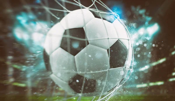 Close-up van een bal die het net binnenkomt in een voetbalwedstrijd — Stockfoto