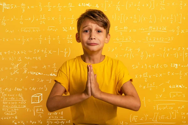 El niño está suplicando porque no quiere estudiar. Fondo amarillo —  Fotos de Stock