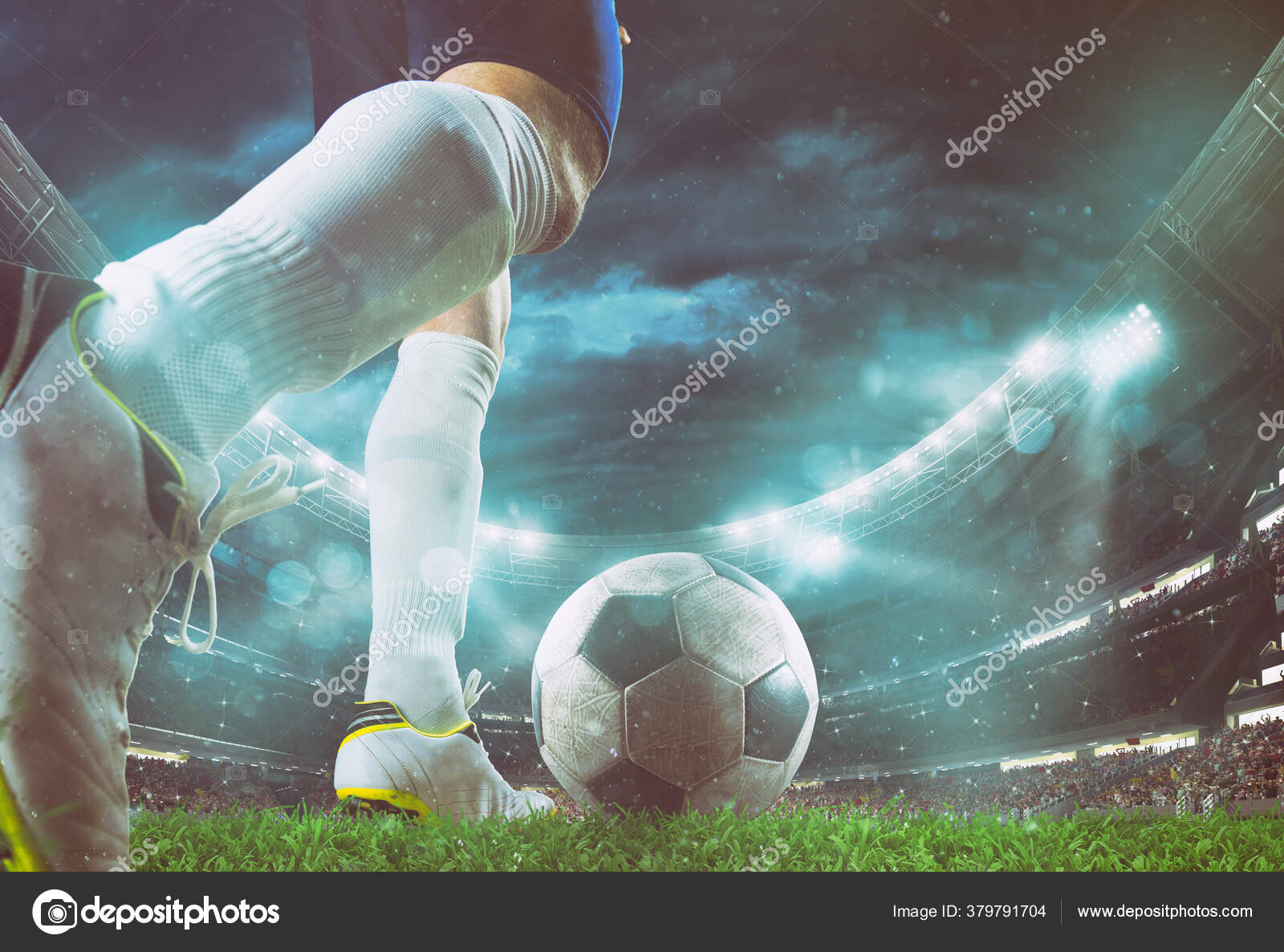 Close Up Perspective Of A Soccer Scene At Night Match With Player Kicking The Ball Stock Photo By C Alphaspirit Close Up Perspective Of A Soccer Scene At Night Match With Player Kicking The Ball Stock Photo By C Alphaspirit