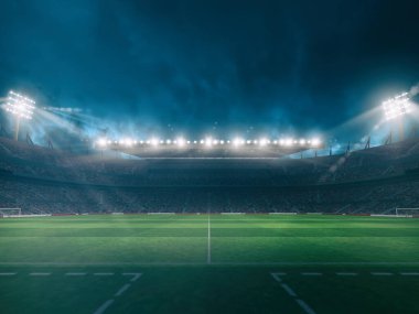 Tribünleri gece maçını bekleyen taraftarlarla dolu futbol stadyumu. 3B Hazırlama
