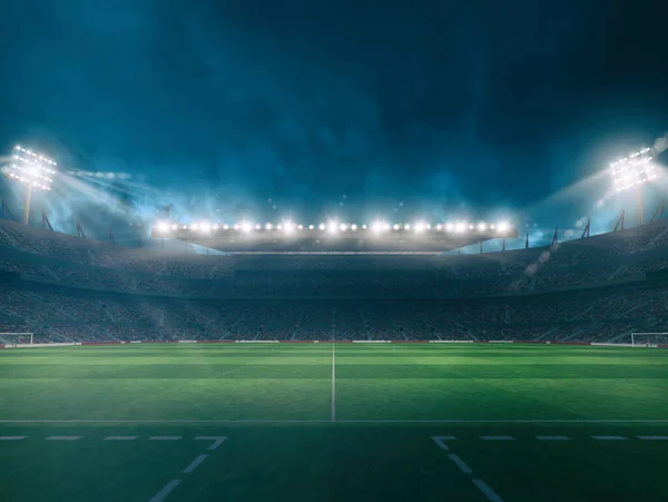 Estádio de futebol com as arquibancadas cheias de fãs esperando o jogo da noite. Renderização 3D — Fotografia de Stock