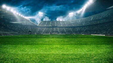 Tribünleri gece maçını bekleyen taraftarlarla dolu futbol stadyumu. 3B Hazırlama