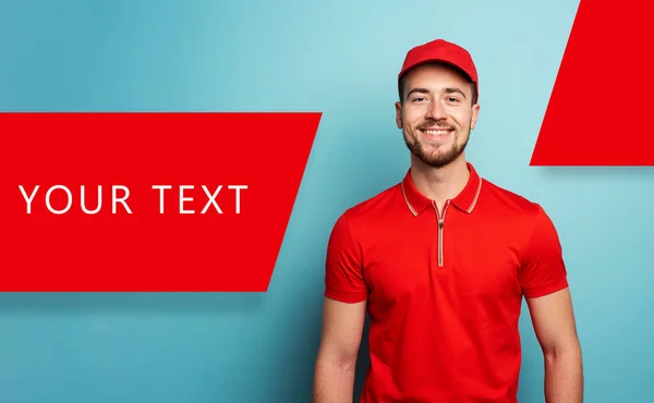 Smiling courier is happy to work. Emotional expression. Cyan background with space for your text — Stock Photo, Image