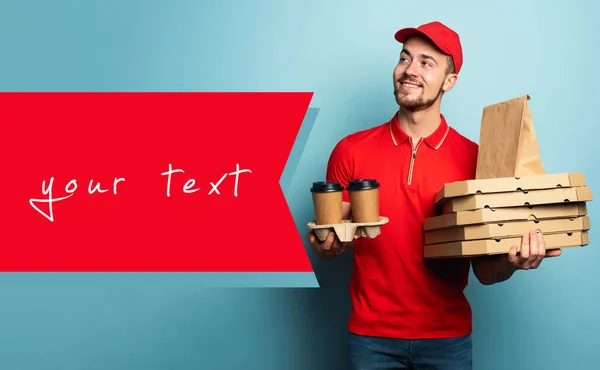 Courier is happy to deliver hot coffee,pizza and food. Cyan background — Stock Photo, Image