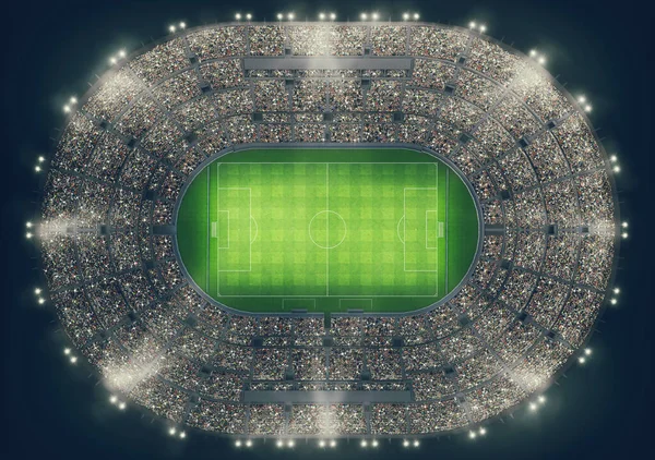 Top view of a soccer stadium full of people during a night game . 3D Rendering — Stock Photo, Image