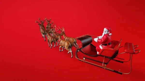 Santa Claus en un trineo listo para entregar regalos sobre fondo rojo — Foto de Stock