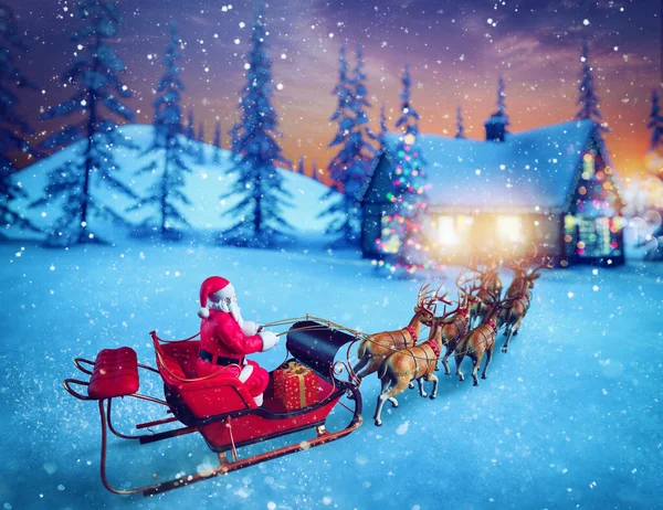 Święty Mikołaj w saniach gotowy do dostarczenia prezentów z saniami — Zdjęcie stockowe