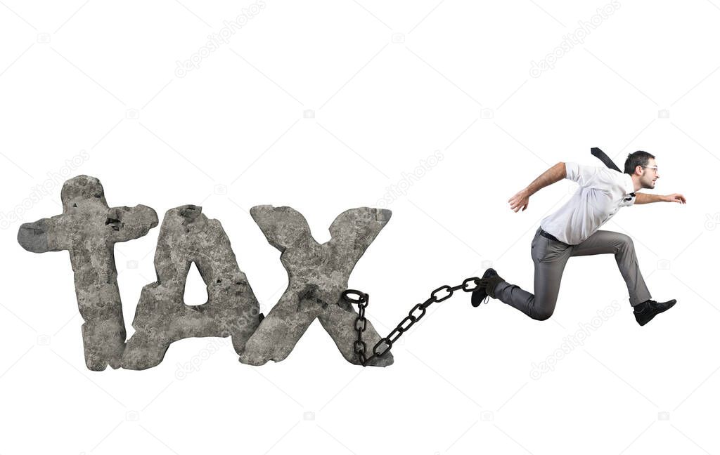 Businessman tries to escape from taxes but he is tied strong with the chain