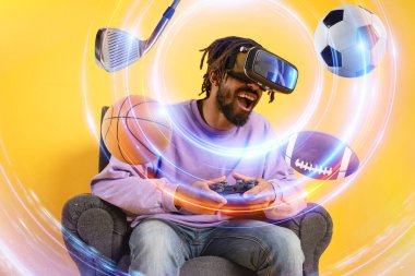 VR gözlüklü bir adam sanal bir video oyunu oynuyor