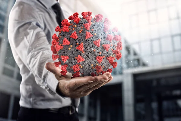 Businessman holds a bic bacteria of covid 19 ready to be examined in hospital — Stock Photo, Image