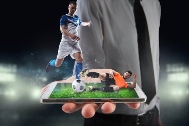 Real soccer players that are displayed on a cellphone during a match clipart